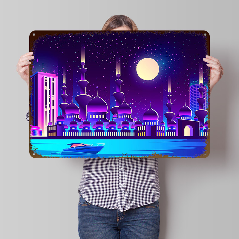 Home Office Dubai - Synthwave Neonowe Miasto Dubaj Metalowy Plakat